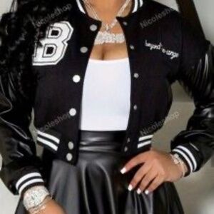 Letter Graphic Striped Trim Varsity Jacket